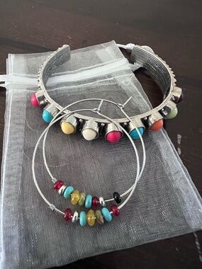 Colorful Beaded Silver Cuff Bracelet and Hoop Earrings Set
